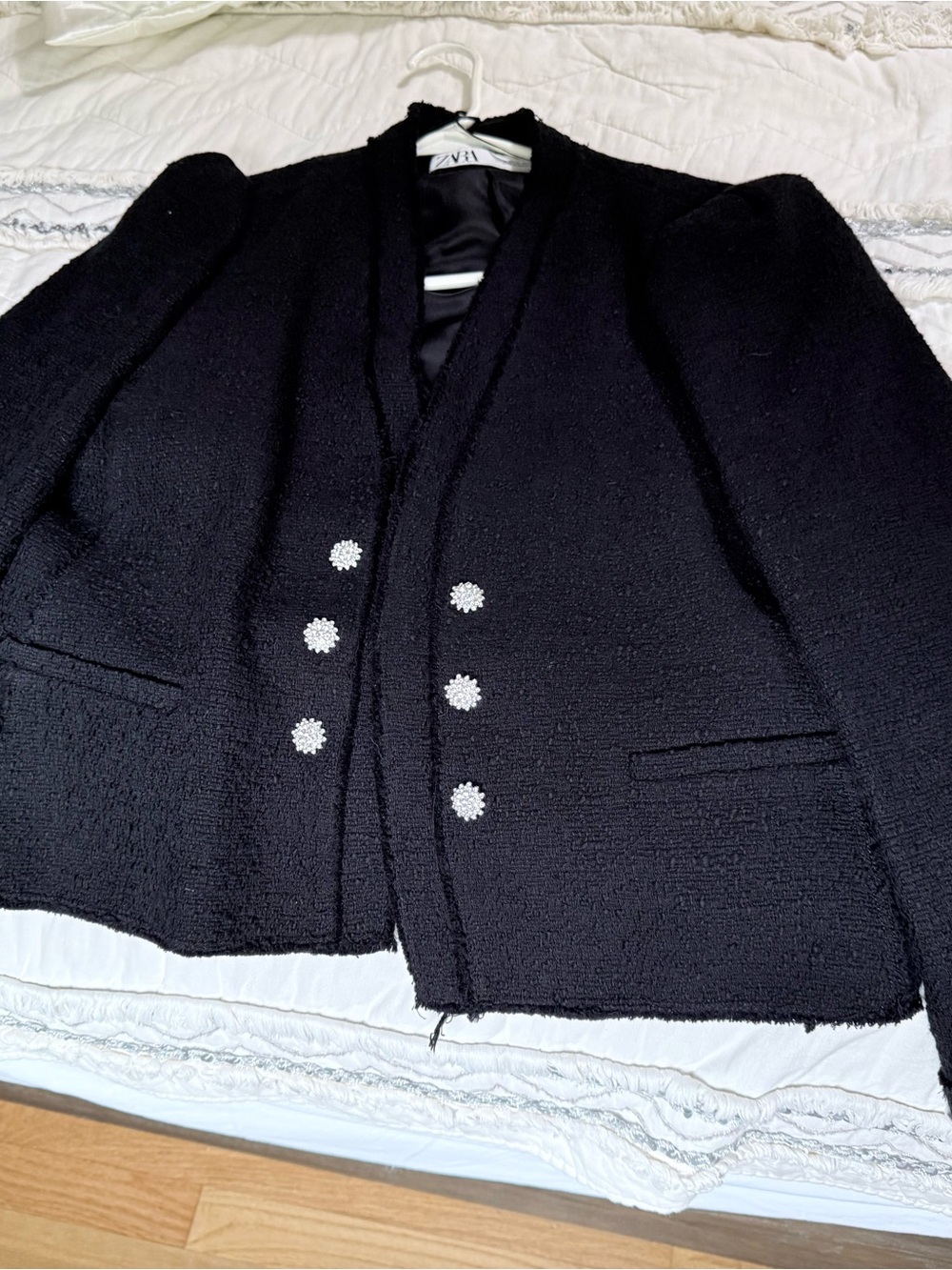 Zara Black Textured Blazer with Decorative Rhinestone Buttons